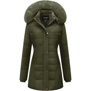 Women's Green Waterproof Velvet Puffer Jacket Quilted Coat Faux Fur Hood Fabric